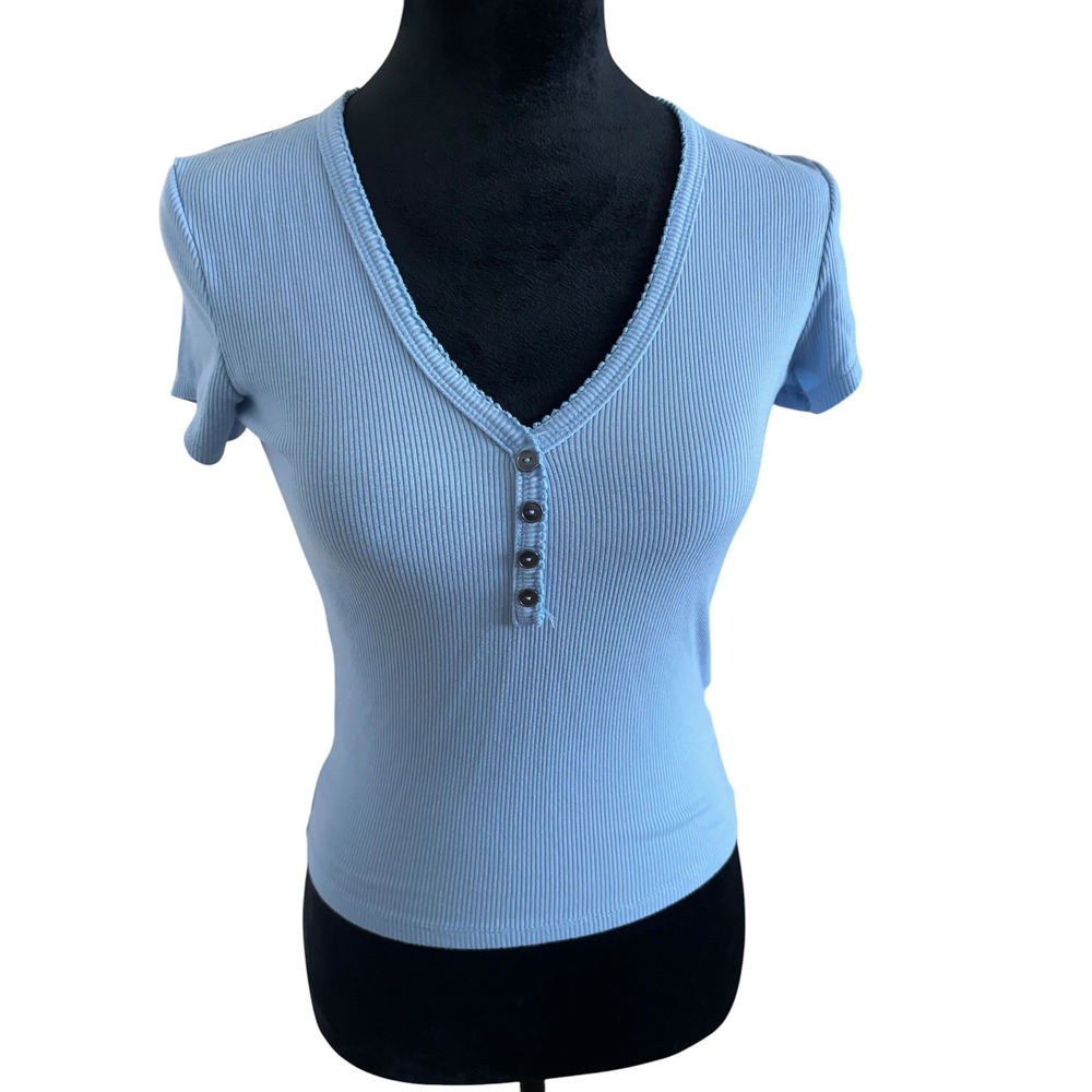 Frankee & Skylarr Blue Ribbed Short Sleeve Henley Top V-Neck Trim Button Front